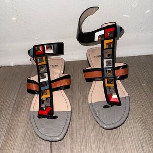 Fendi Black Multicolor Stud T-Strap Sandals with Brown Accents
